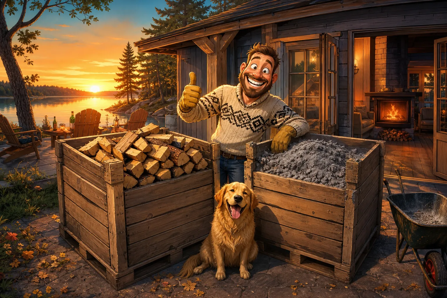 Ein lächelnder Mann in einem Strickpullover zeigt Daumen hoch neben einem goldenem Retriever und zwei Holzkisten, gefüllt mit Holzscheiten und Asche, vor einem rustikalen Haus am See bei Sonnenuntergang.