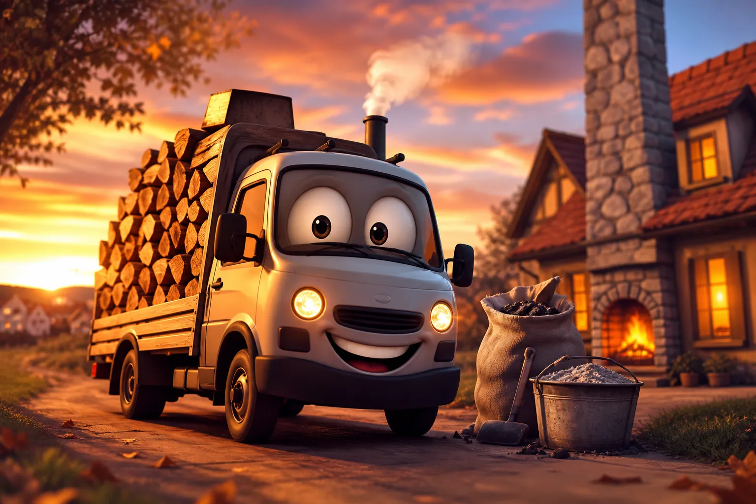 Ein fröhlicher, animierter Lieferwagen mit großen Augen transportiert Holzstämme vor einem ländlichen Haus bei Sonnenuntergang.